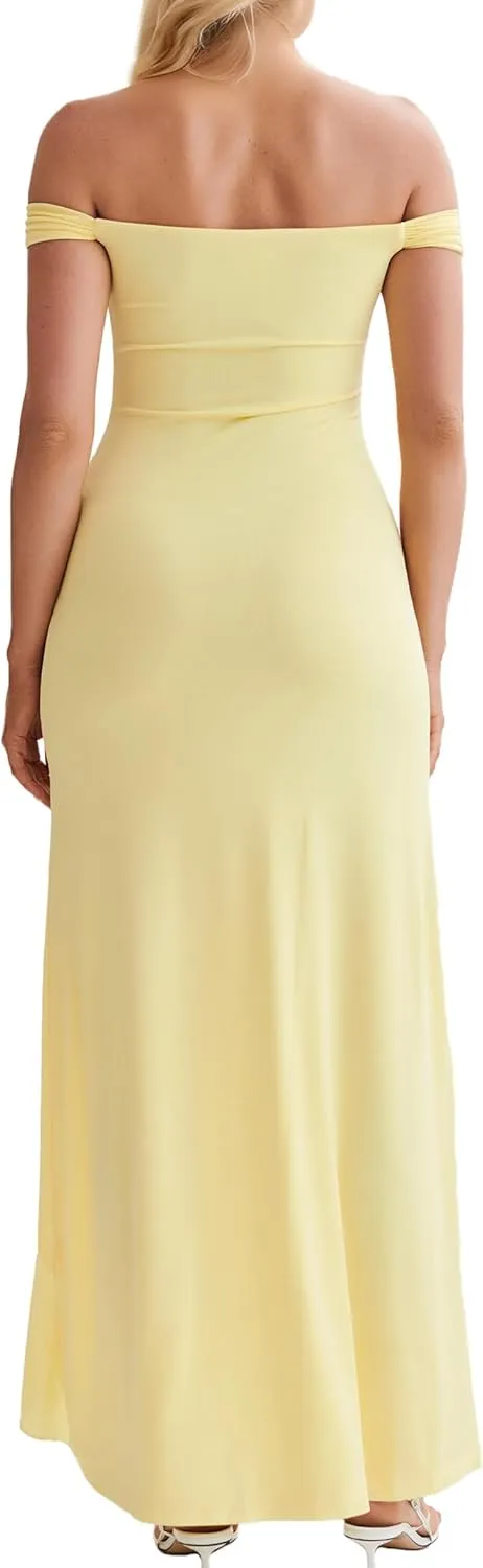 Women’s Off Shoulder Cocktail Dress Sexy Low Back Asymmetrical Ruffle Hem Club Beach Party Maxi Long Dress