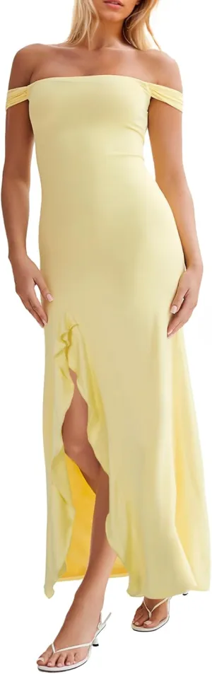 Women’s Off Shoulder Cocktail Dress Sexy Low Back Asymmetrical Ruffle Hem Club Beach Party Maxi Long Dress