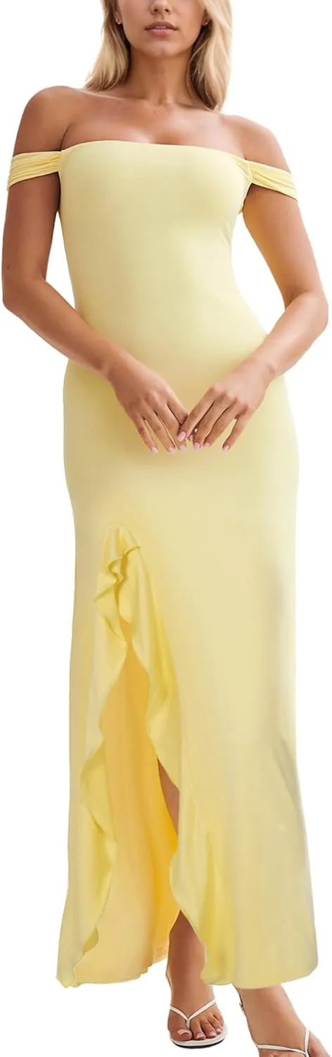 Women’s Off Shoulder Cocktail Dress Sexy Low Back Asymmetrical Ruffle Hem Club Beach Party Maxi Long Dress