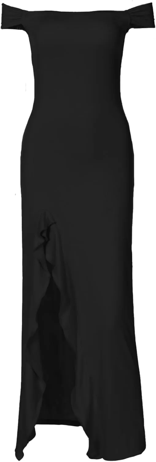 Women’s Off Shoulder Cocktail Dress Sexy Low Back Asymmetrical Ruffle Hem Club Beach Party Maxi Long Dress