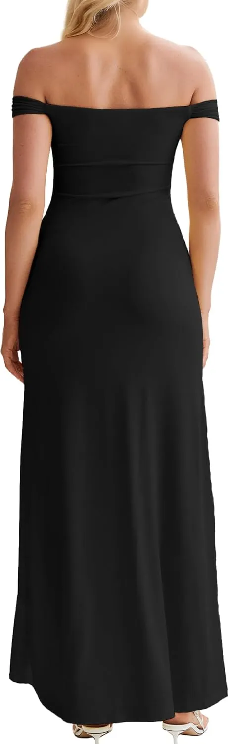 Women’s Off Shoulder Cocktail Dress Sexy Low Back Asymmetrical Ruffle Hem Club Beach Party Maxi Long Dress