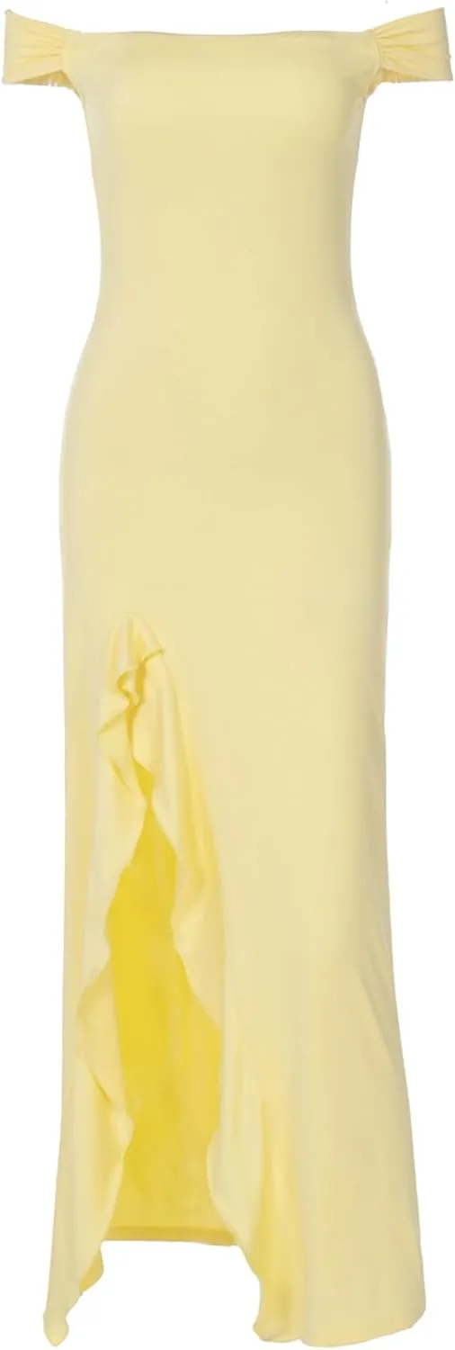 Women’s Off Shoulder Cocktail Dress Sexy Low Back Asymmetrical Ruffle Hem Club Beach Party Maxi Long Dress