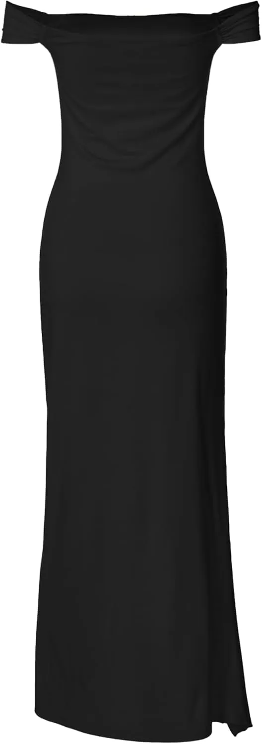 Women’s Off Shoulder Cocktail Dress Sexy Low Back Asymmetrical Ruffle Hem Club Beach Party Maxi Long Dress