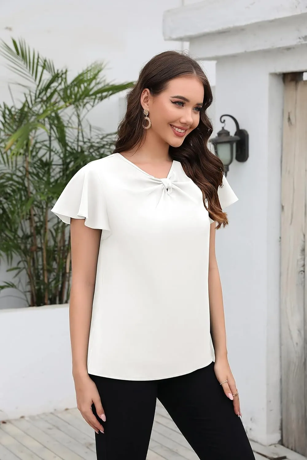 Womens Short Sleeve Chiffon Blouses Dressy Casual V Neck Bow Tie Formal Office Shirts Work Tops