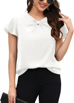 Womens Short Sleeve Chiffon Blouses Dressy Casual V Neck Bow Tie Formal Office Shirts Work Tops