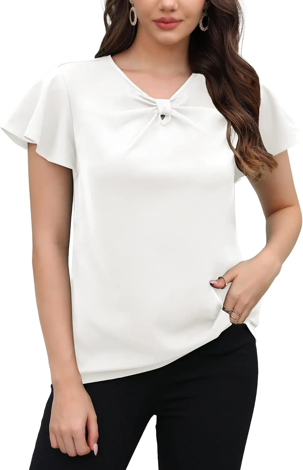 Womens Short Sleeve Chiffon Blouses Dressy Casual V Neck Bow Tie Formal Office Shirts Work Tops