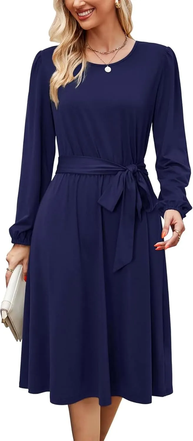 Women's Winter Long Sleeve Crewneck Dress Casual Belted A Line Flowy Business Work Teacher Midi Dresse