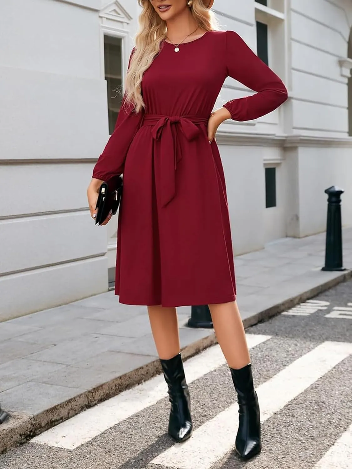 Women's Winter Long Sleeve Crewneck Dress Casual Belted A Line Flowy Business Work Teacher Midi Dresse
