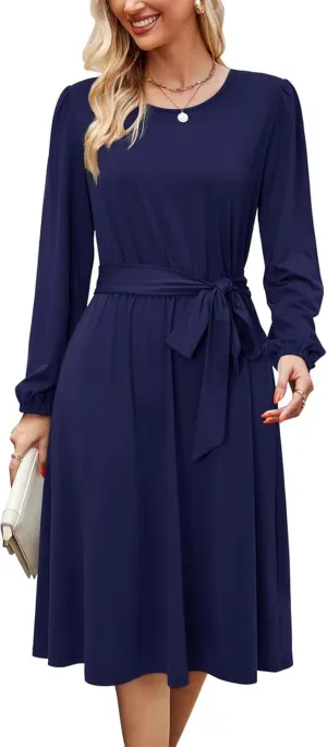 Women's Winter Long Sleeve Crewneck Dress Casual Belted A Line Flowy Business Work Teacher Midi Dresse