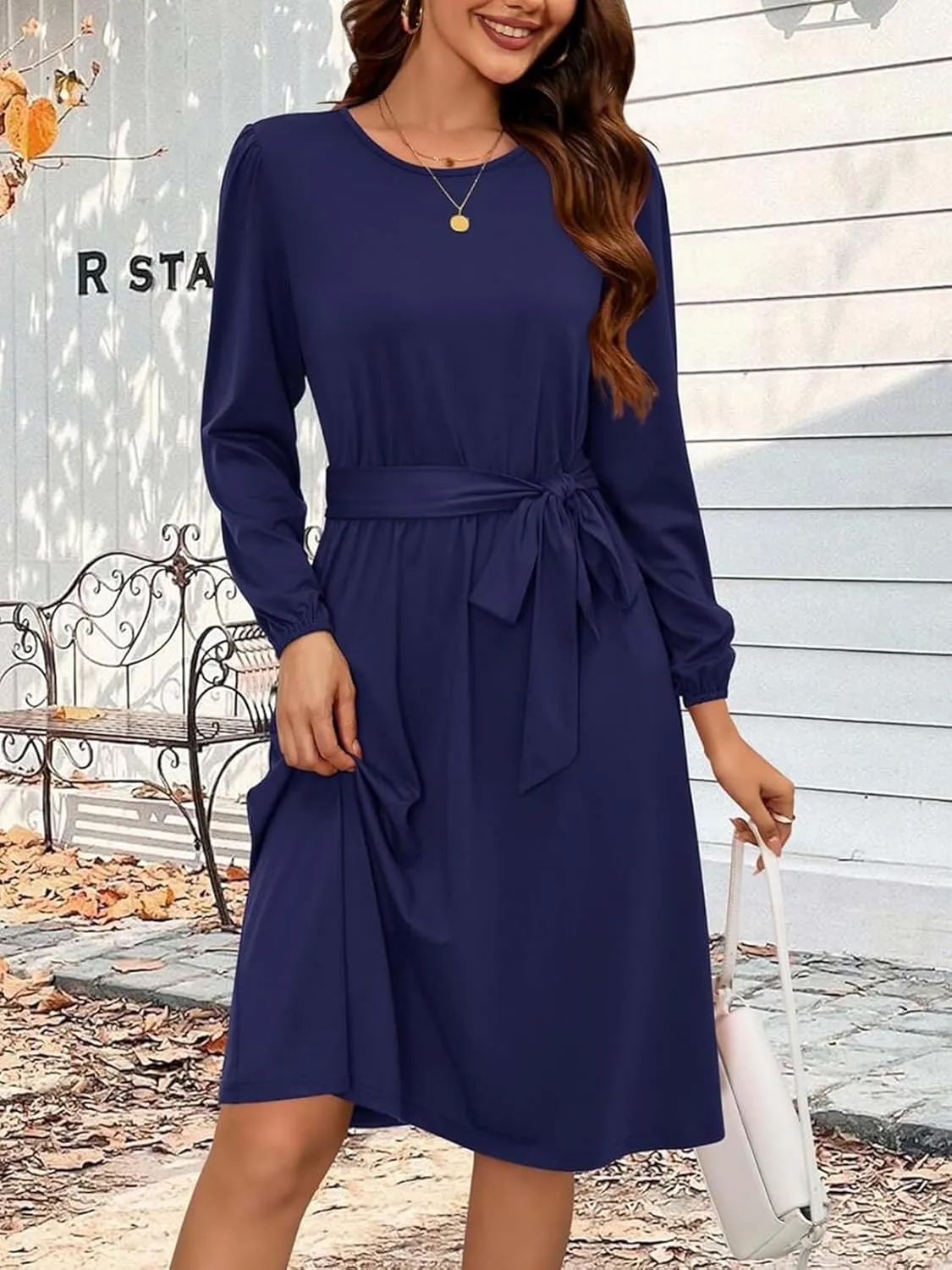 Women's Winter Long Sleeve Crewneck Dress Casual Belted A Line Flowy Business Work Teacher Midi Dresse