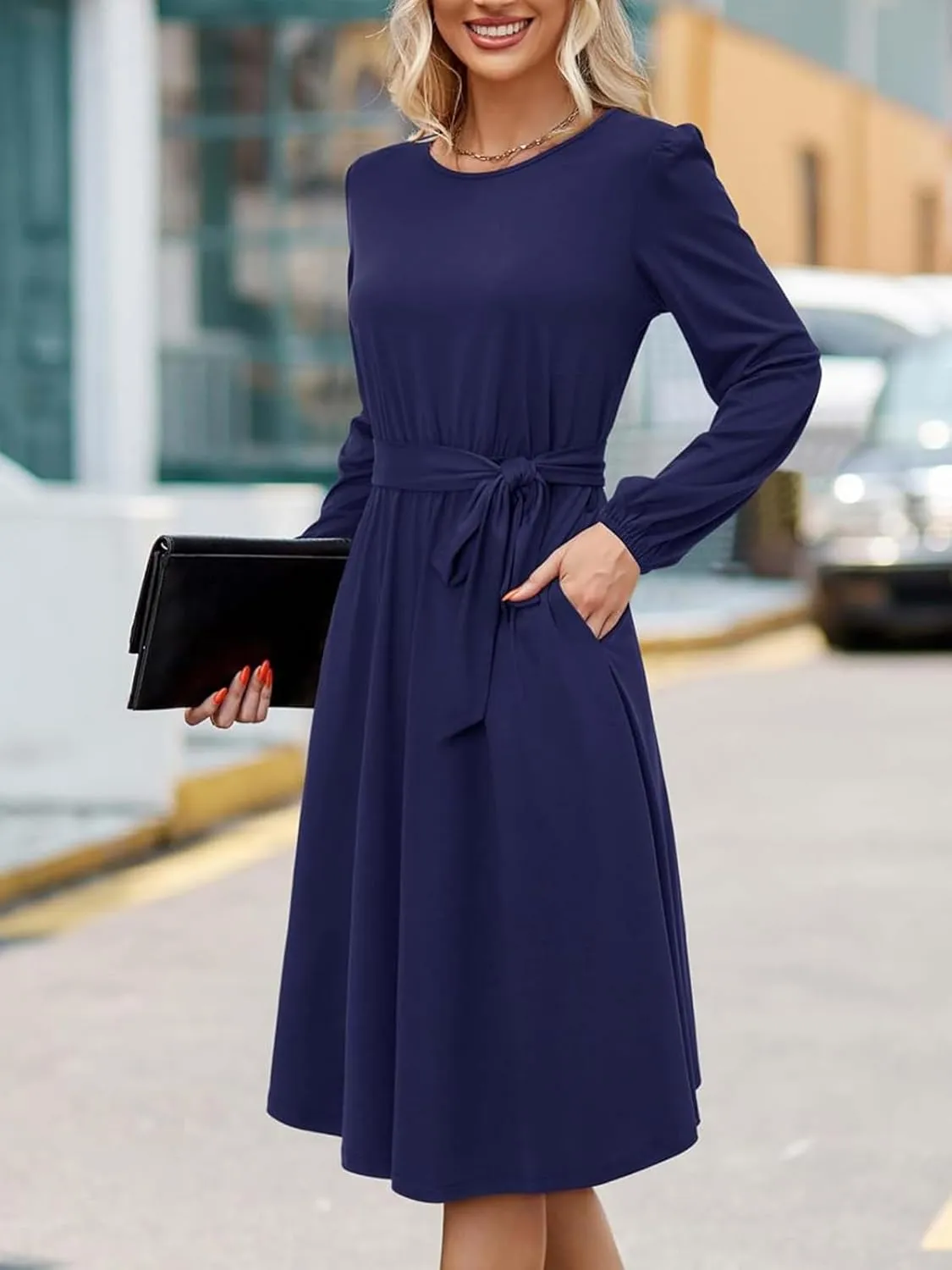 Women's Winter Long Sleeve Crewneck Dress Casual Belted A Line Flowy Business Work Teacher Midi Dresse