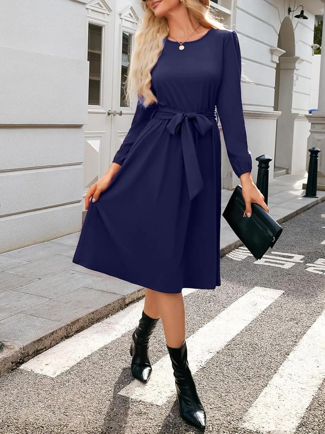 Women's Winter Long Sleeve Crewneck Dress Casual Belted A Line Flowy Business Work Teacher Midi Dresse