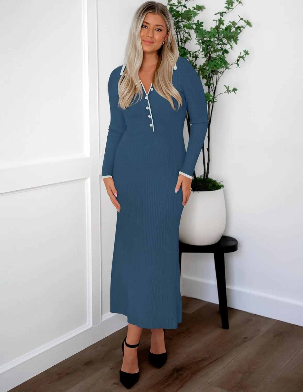 ZESICA Women's Long Sleeve Sweater Dress 2025 Spring V Neck Ribbed Knit Casual Formal Cocktail Bodycon Maxi Dresses