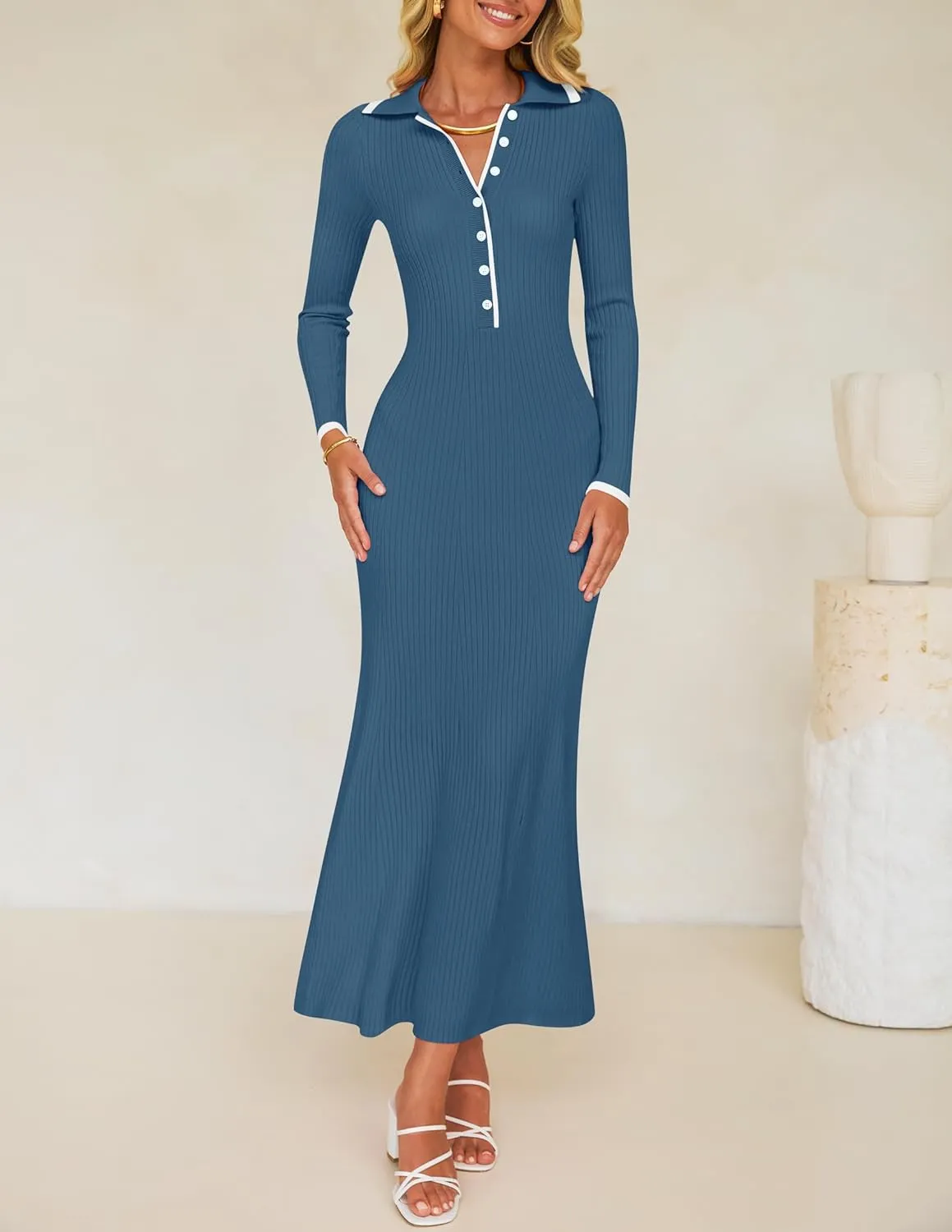 ZESICA Women's Long Sleeve Sweater Dress 2025 Spring V Neck Ribbed Knit Casual Formal Cocktail Bodycon Maxi Dresses