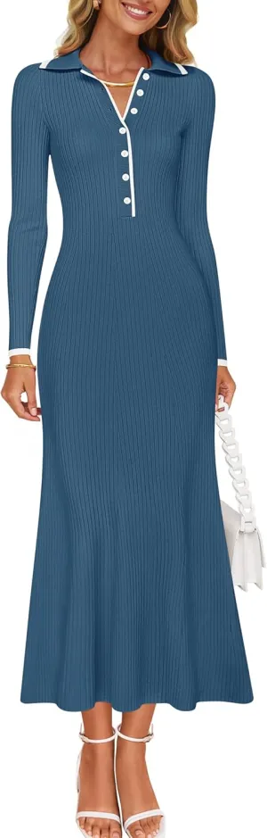 ZESICA Women's Long Sleeve Sweater Dress 2025 Spring V Neck Ribbed Knit Casual Formal Cocktail Bodycon Maxi Dresses