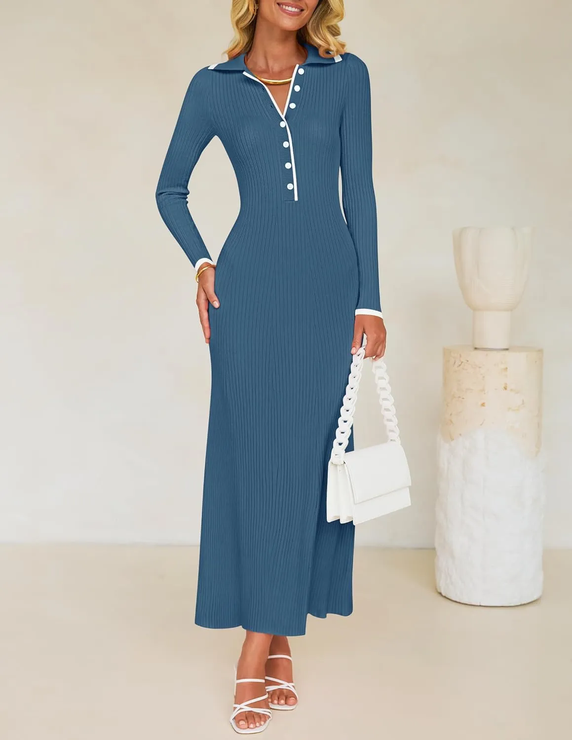 ZESICA Women's Long Sleeve Sweater Dress 2025 Spring V Neck Ribbed Knit Casual Formal Cocktail Bodycon Maxi Dresses
