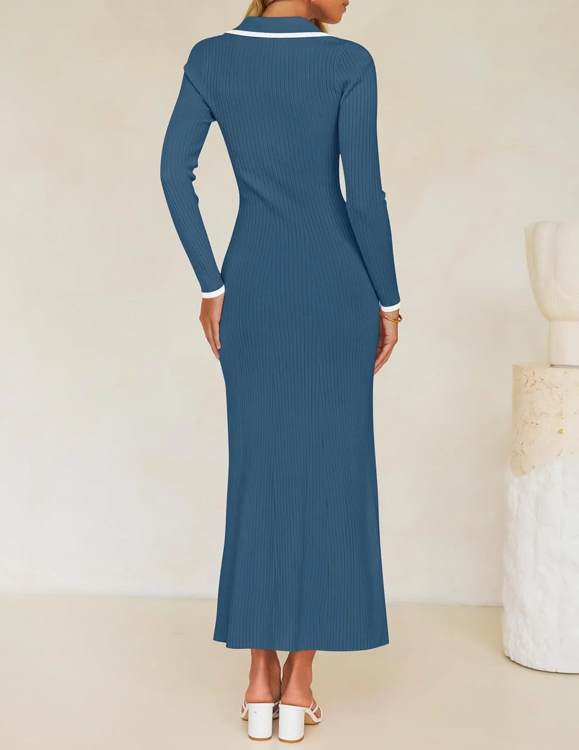 ZESICA Women's Long Sleeve Sweater Dress 2025 Spring V Neck Ribbed Knit Casual Formal Cocktail Bodycon Maxi Dresses