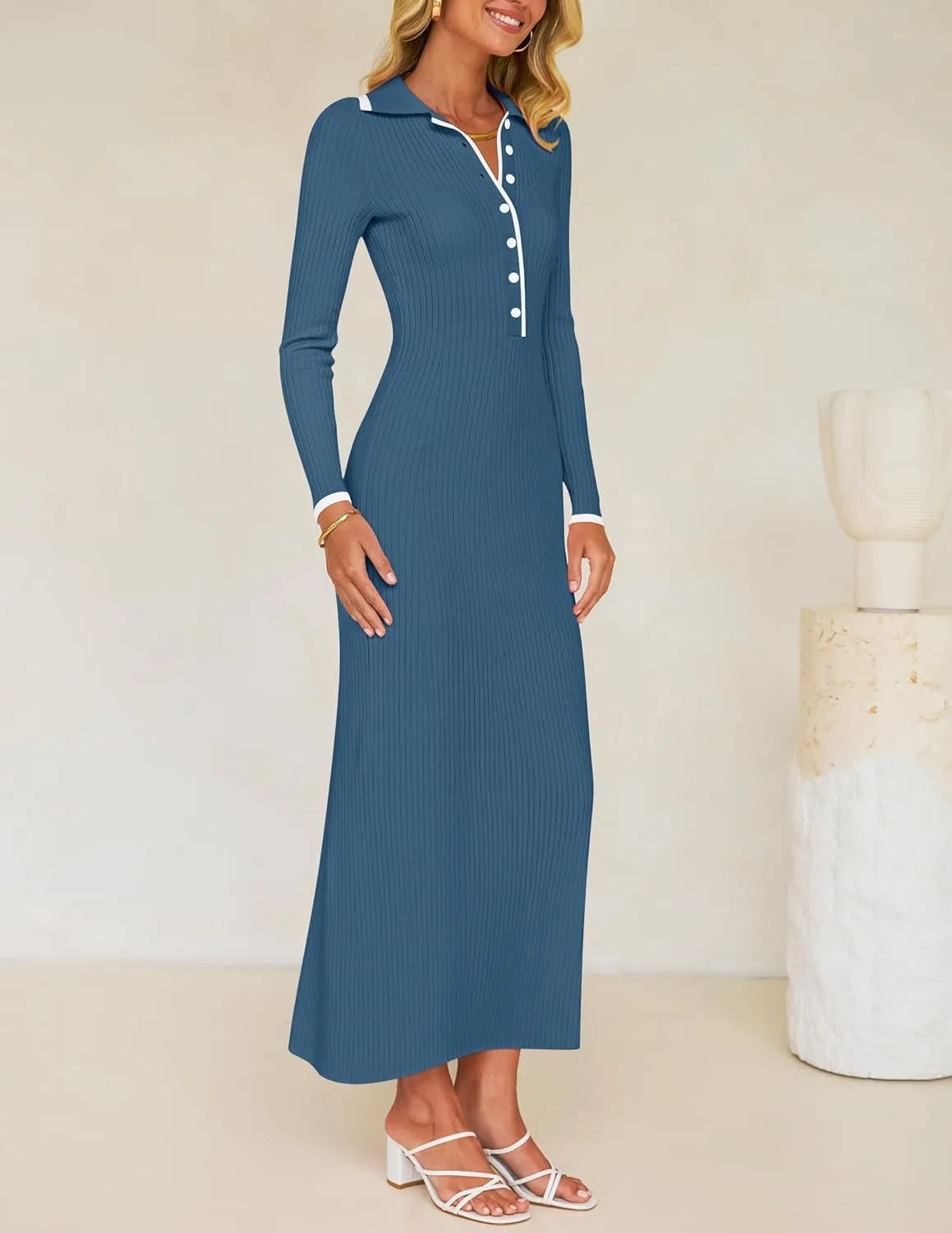 ZESICA Women's Long Sleeve Sweater Dress 2025 Spring V Neck Ribbed Knit Casual Formal Cocktail Bodycon Maxi Dresses