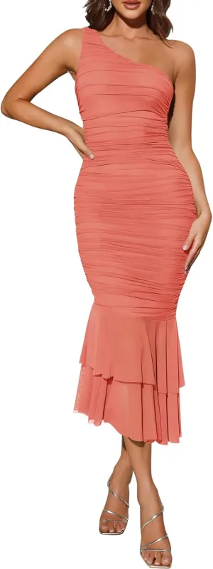 ZESICA Women's One Shoulder Summer Dress Sleeveless Mesh Ruched Bodycon Sexy Formal Cocktail Midi Dresses